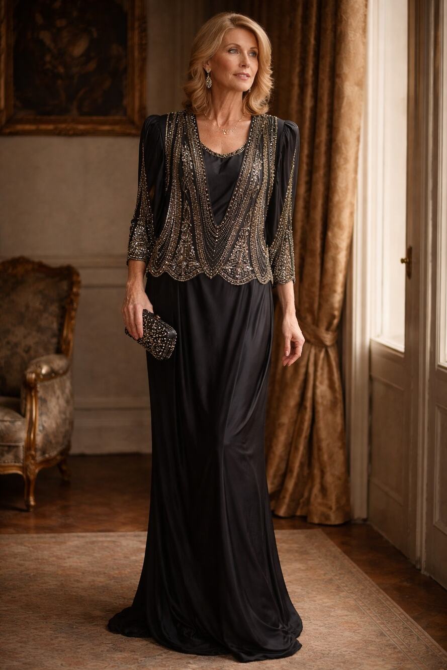 Jack Bryan Vintage Black Silk Beaded Sequin Formal Gown XL 80s Glam Luxe